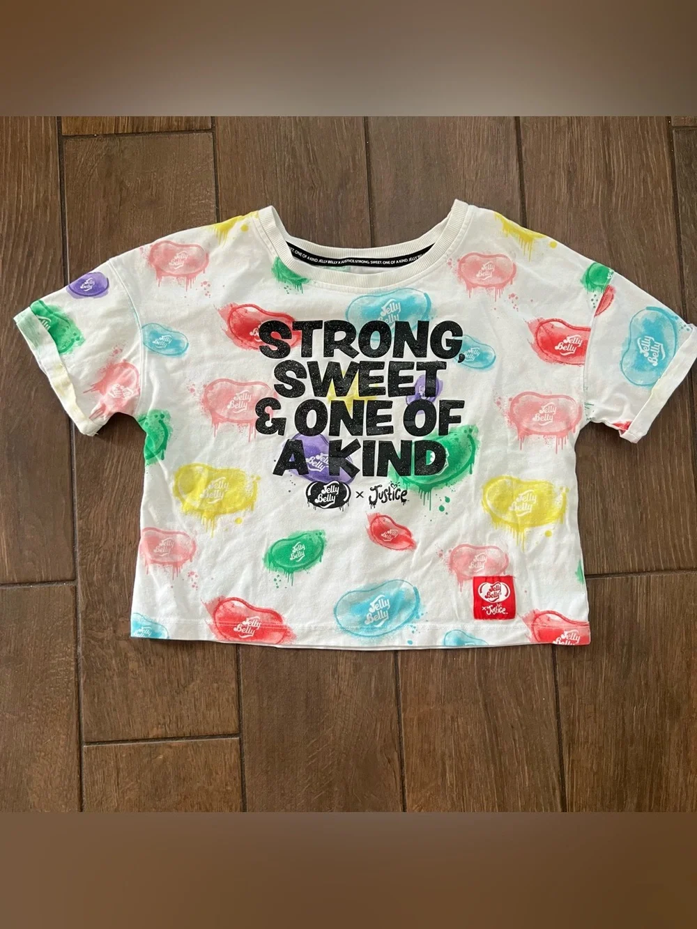 Justice + Jelly Belly White Multi 'Strong Sweet & One of a Kind' Kids Tee size L